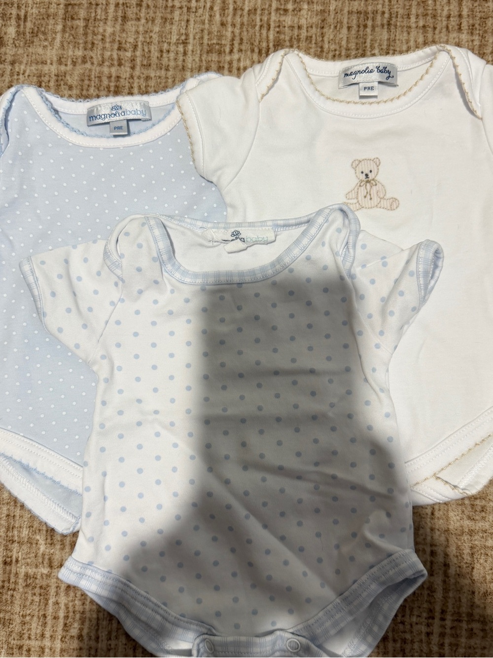 Magnolia Light Blue & White Polka Dot Baby Bodysuit Trio